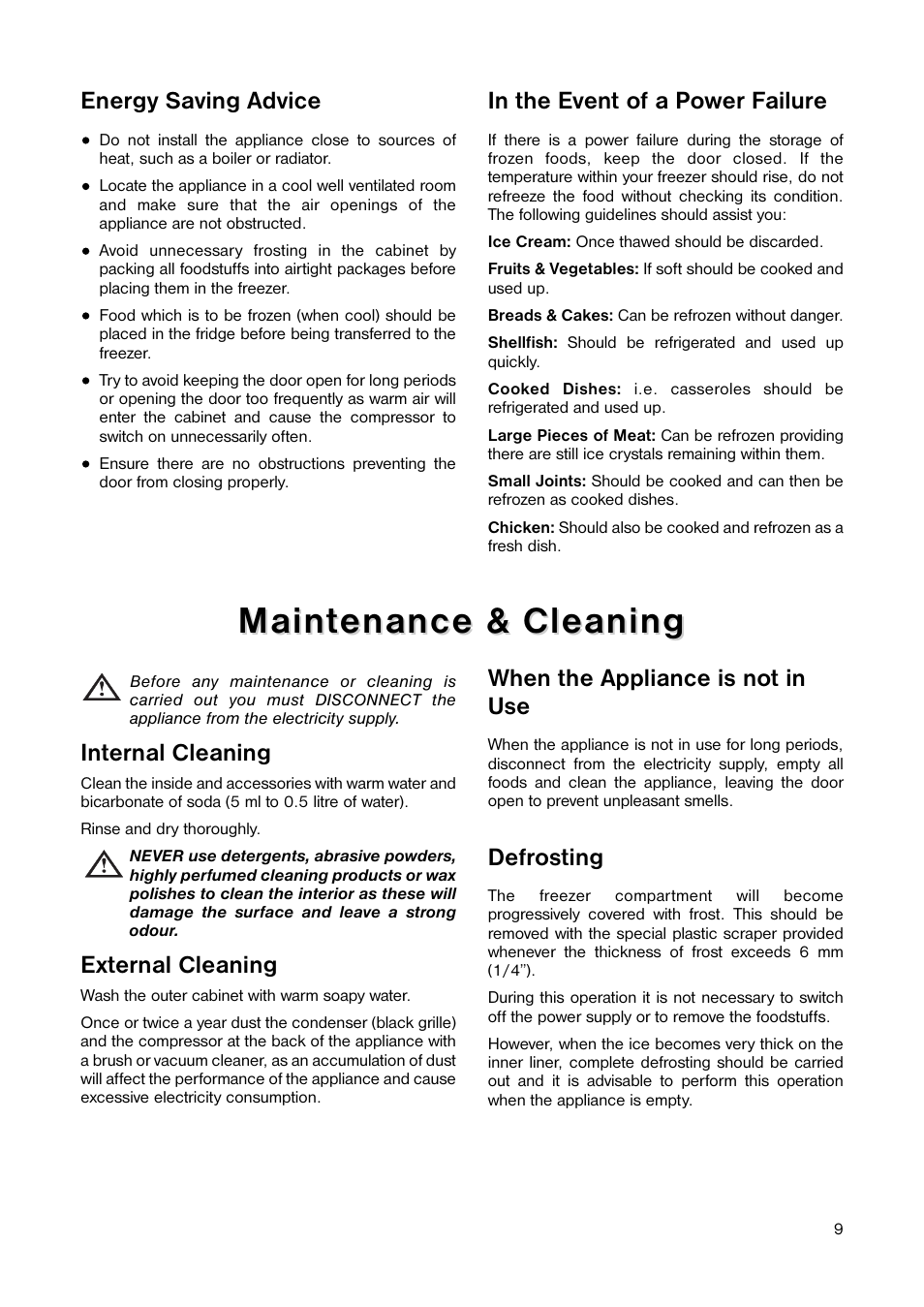 Maint, Maint enance & cleaning enance & cleaning, Energy saving advice | Internal cleaning, External cleaning, When the appliance is not in use, Defrosting | Electrolux EU 1241 T User Manual | Page 9 / 16