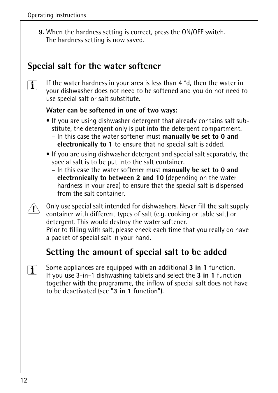 Special salt for the water softener, Setting the amount of special salt to be added | Electrolux 65050 VI User Manual | Page 12 / 48