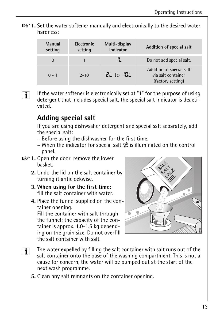 Adding special salt | Electrolux 65050 VI User Manual | Page 13 / 48