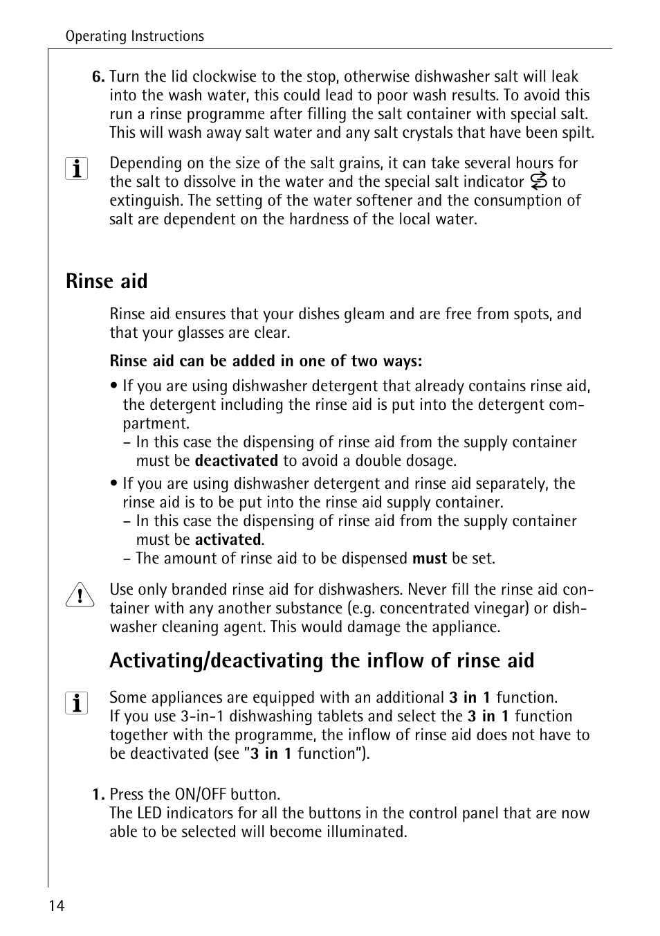 Rinse aid, Activating/deactivating the inflow of rinse aid | Electrolux 65050 VI User Manual | Page 14 / 48