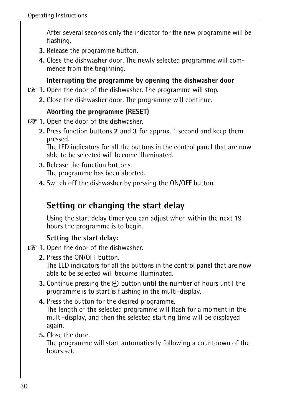 Setting or changing the start delay | Electrolux 65050 VI User Manual | Page 30 / 48