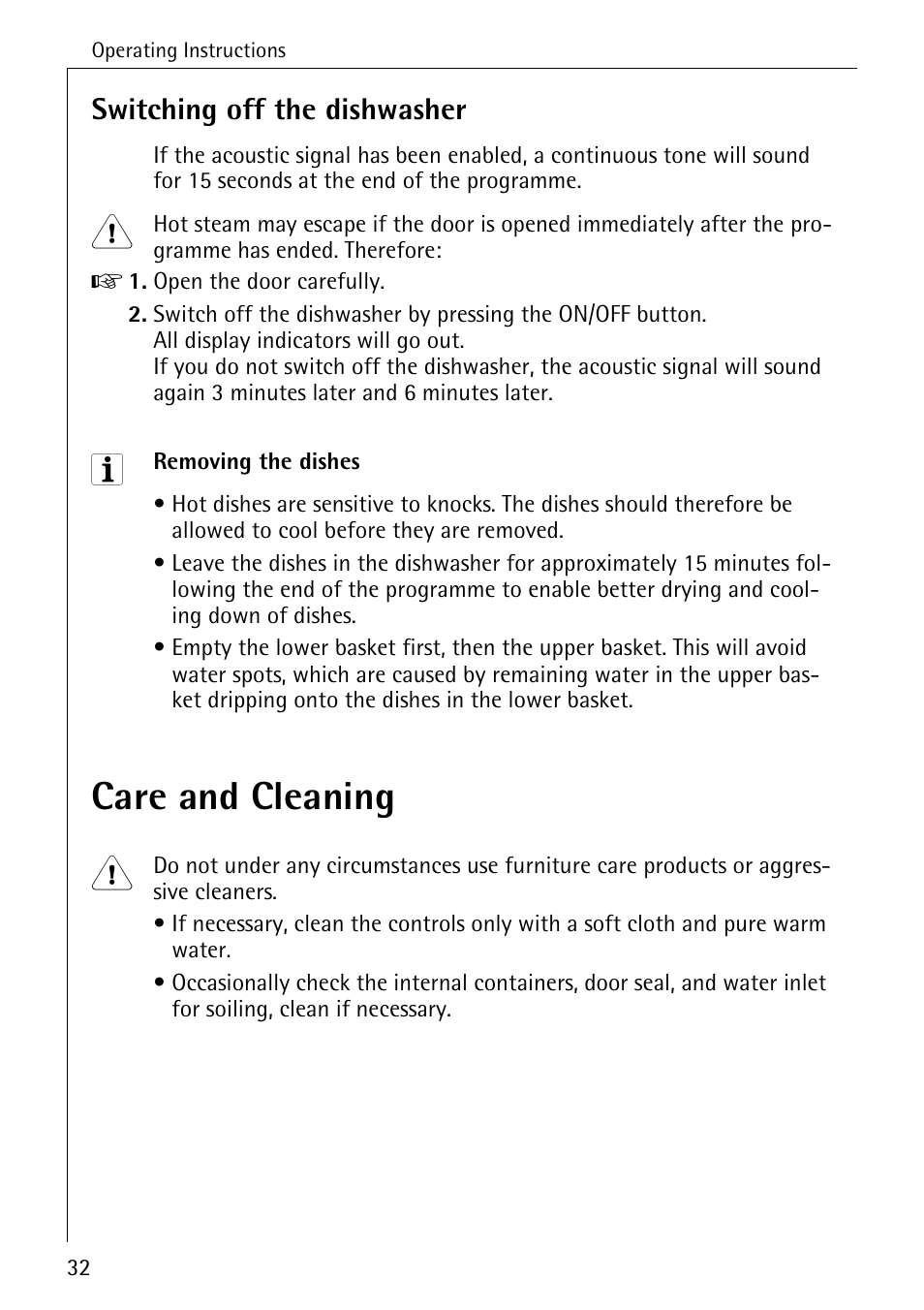 Care and cleaning, Switching off the dishwasher | Electrolux 65050 VI User Manual | Page 32 / 48