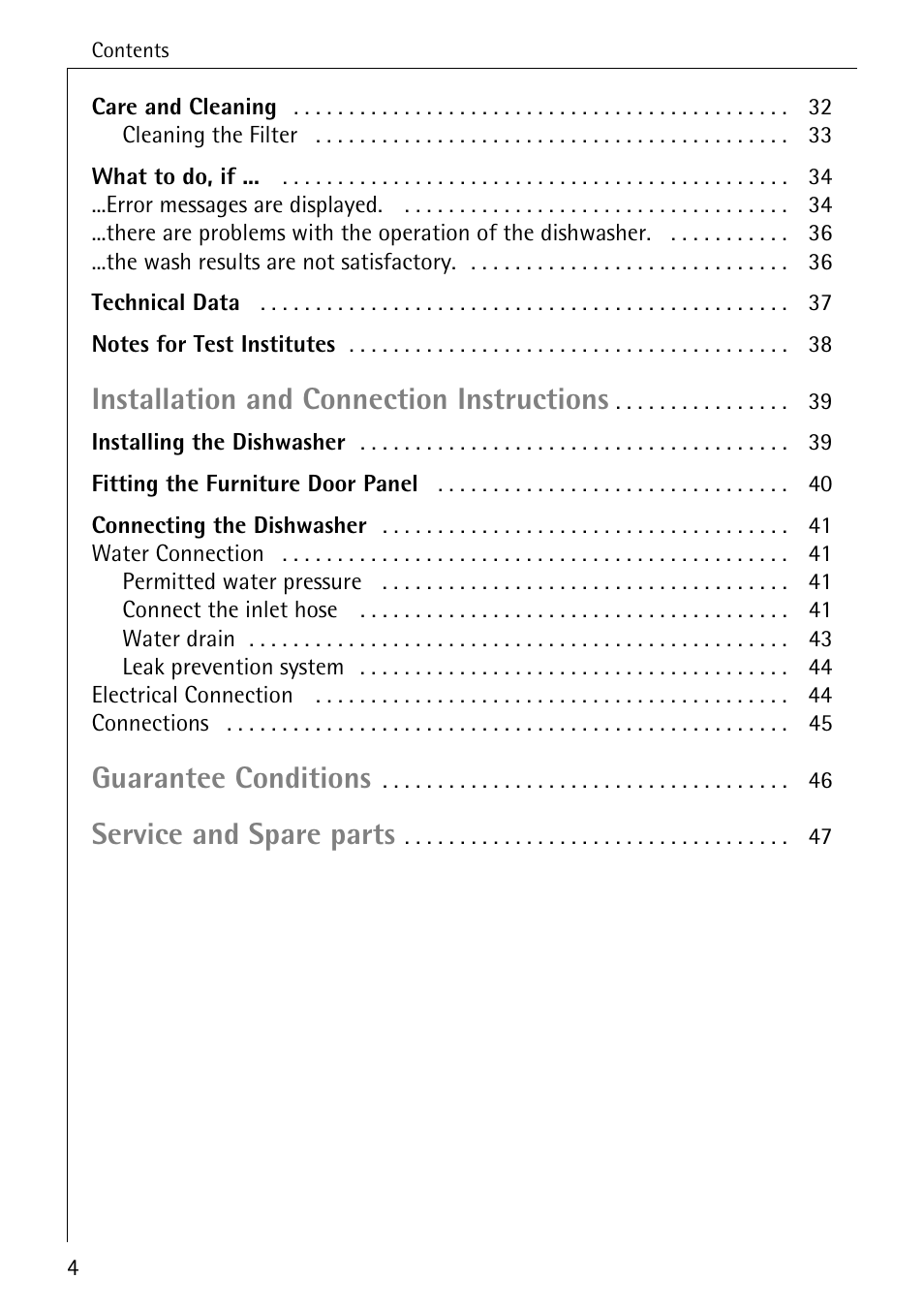 Installation and connection instructions, Guarantee conditions, Service and spare parts | Electrolux 65050 VI User Manual | Page 4 / 48