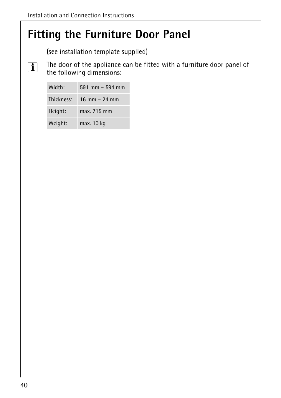 Fitting the furniture door panel | Electrolux 65050 VI User Manual | Page 40 / 48