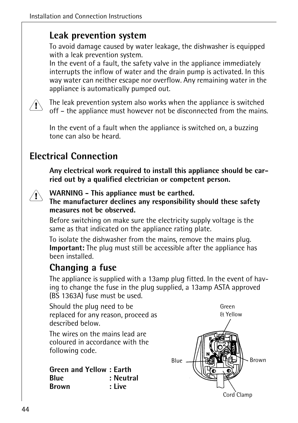 Leak prevention system, Electrical connection, Changing a fuse | Electrolux 65050 VI User Manual | Page 44 / 48