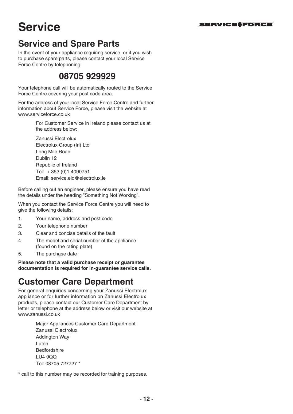 Service, Service and spare parts, Customer care department | Electrolux TC 180 User Manual | Page 12 / 19