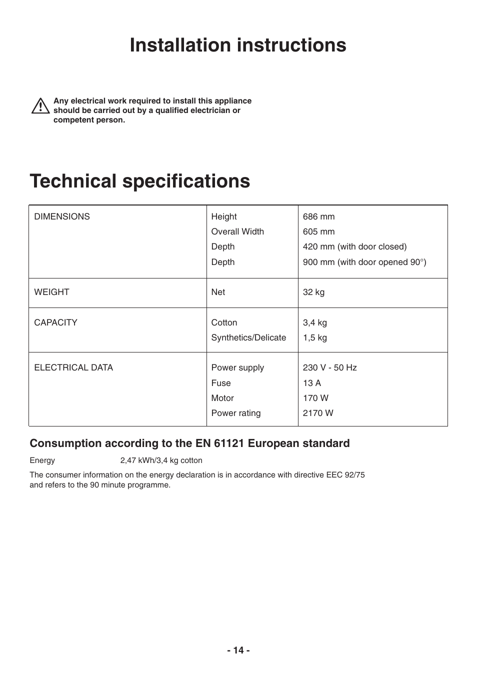 Installation instructions, Technical specifications | Electrolux TC 180 User Manual | Page 14 / 19