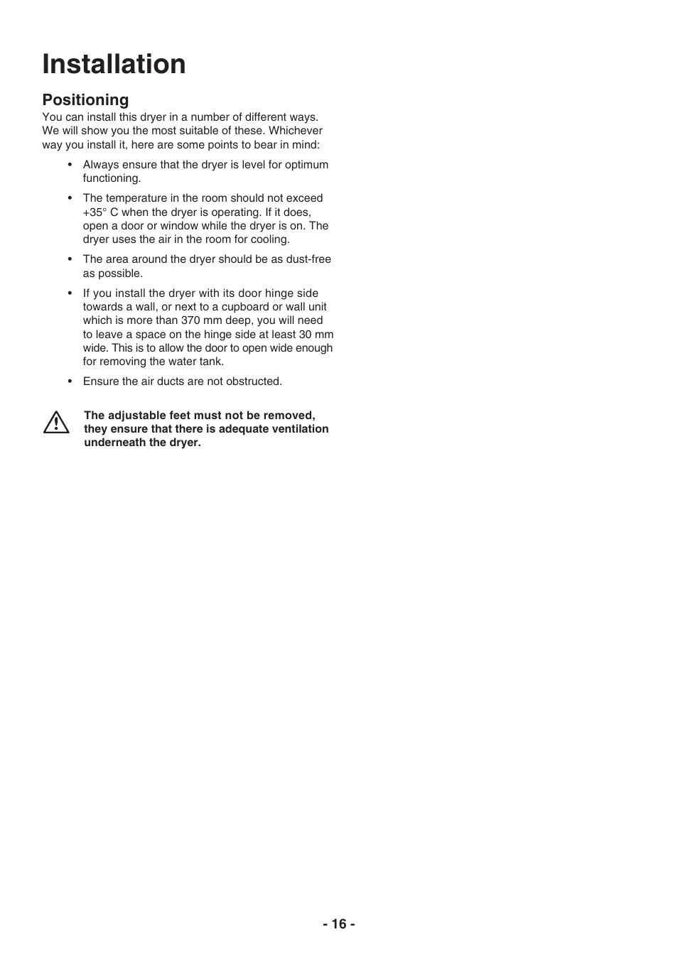 Installation, Positioning | Electrolux TC 180 User Manual | Page 16 / 19