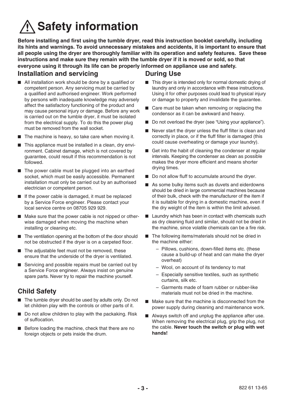 Safety information, Installation and servicing, Child safety | During use | Electrolux TC 180 User Manual | Page 3 / 19