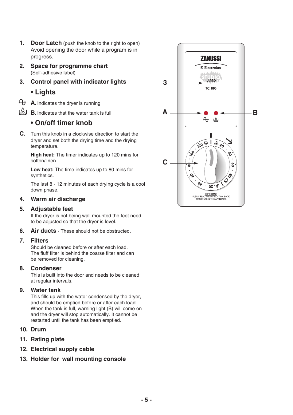 Lights, On/off timer knob, Ab c 3 | Electrolux TC 180 User Manual | Page 5 / 19
