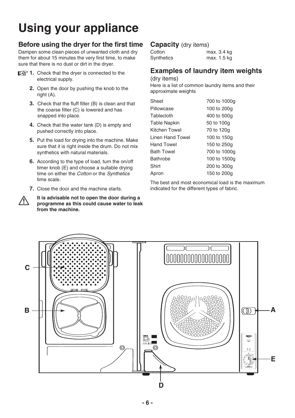 Using your appliance, Before using the dryer for the first time, Capacity | Examples of laundry item weights, Ab c d e | Electrolux TC 180 User Manual | Page 6 / 19