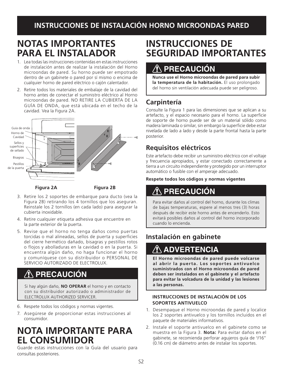 Notas importantes para el instalador, Nota importante para el consumidor, Instrucciones de seguridad importantes | Precaución, Advertencia, Precaución precaución, Carpintería, Requisitos eléctricos, Instalación en gabinete | Electrolux TINSEB504MRR0 User Manual | Page 10 / 12