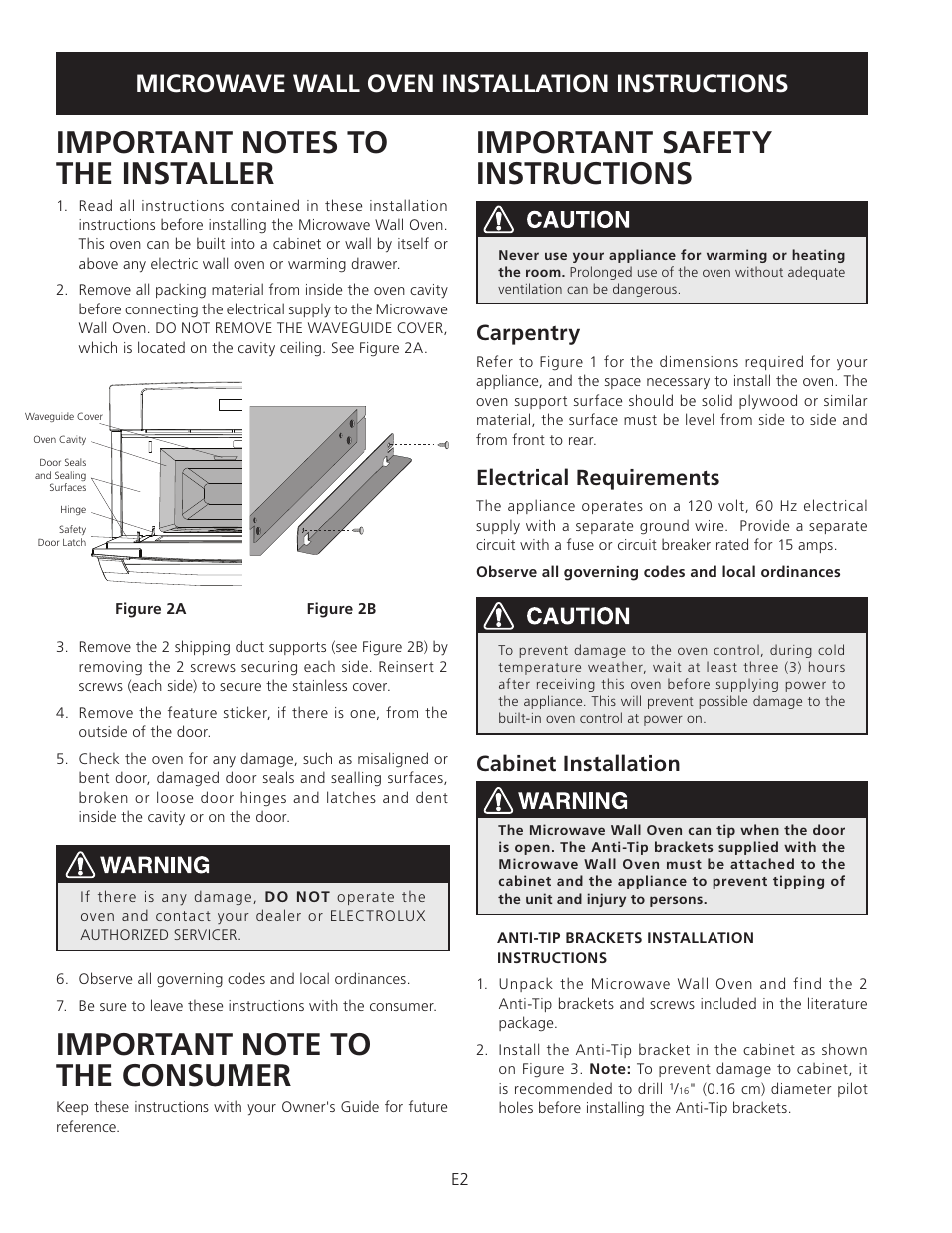 Important safety instructions, Microwave wall oven installation instructions, Carpentry | Electrical requirements, Cabinet installation | Electrolux TINSEB504MRR0 User Manual | Page 2 / 12
