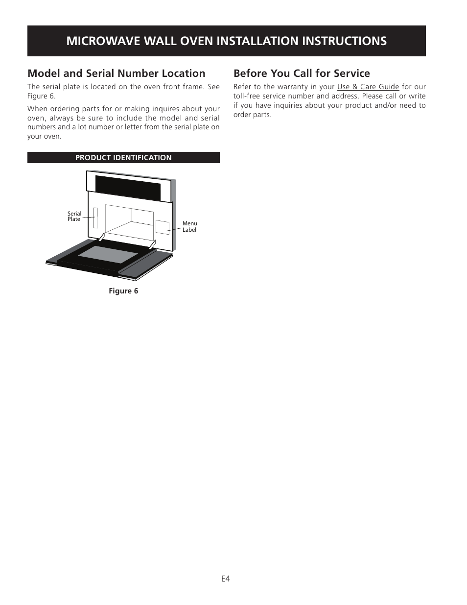 Microwave wall oven installation instructions, Before you call for service, Model and serial number location | Electrolux TINSEB504MRR0 User Manual | Page 4 / 12