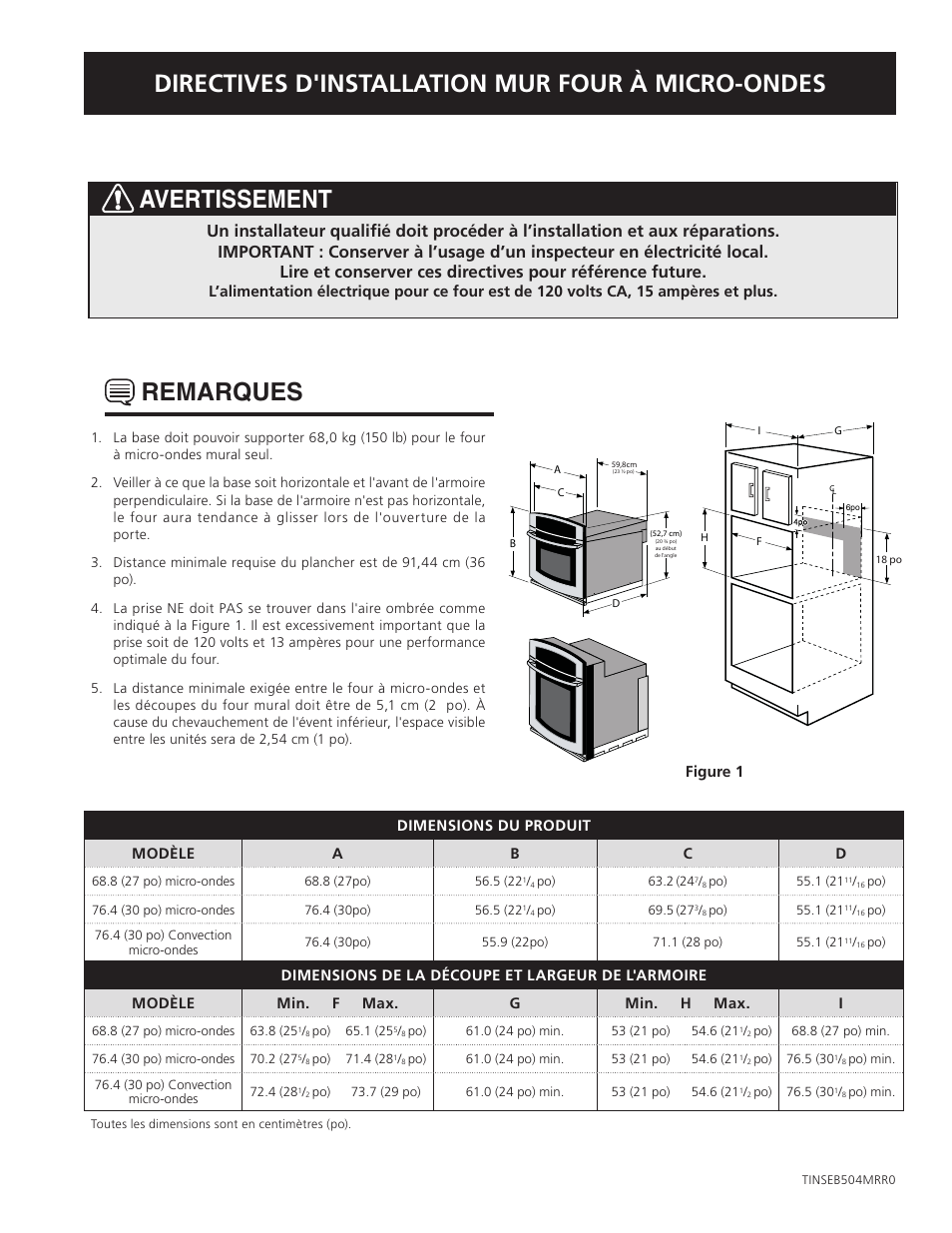 Directives d'installation mur four à micro-ondes, Remarques, Avertissement | Electrolux TINSEB504MRR0 User Manual | Page 5 / 12