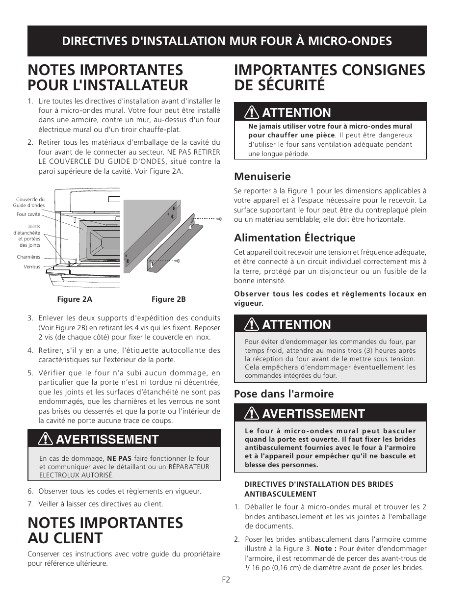 Importantes consignes de sécurité, Directives d'installation mur four à micro-ondes, Attention | Avertissement, Avertissement attention, Menuiserie, Alimentation électrique, Pose dans l'armoire | Electrolux TINSEB504MRR0 User Manual | Page 6 / 12