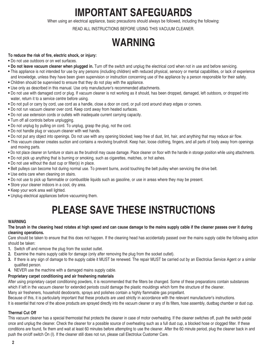Important safeguards, Warning, Please save these instructions | Electrolux Z8800 Series User Manual | Page 2 / 16