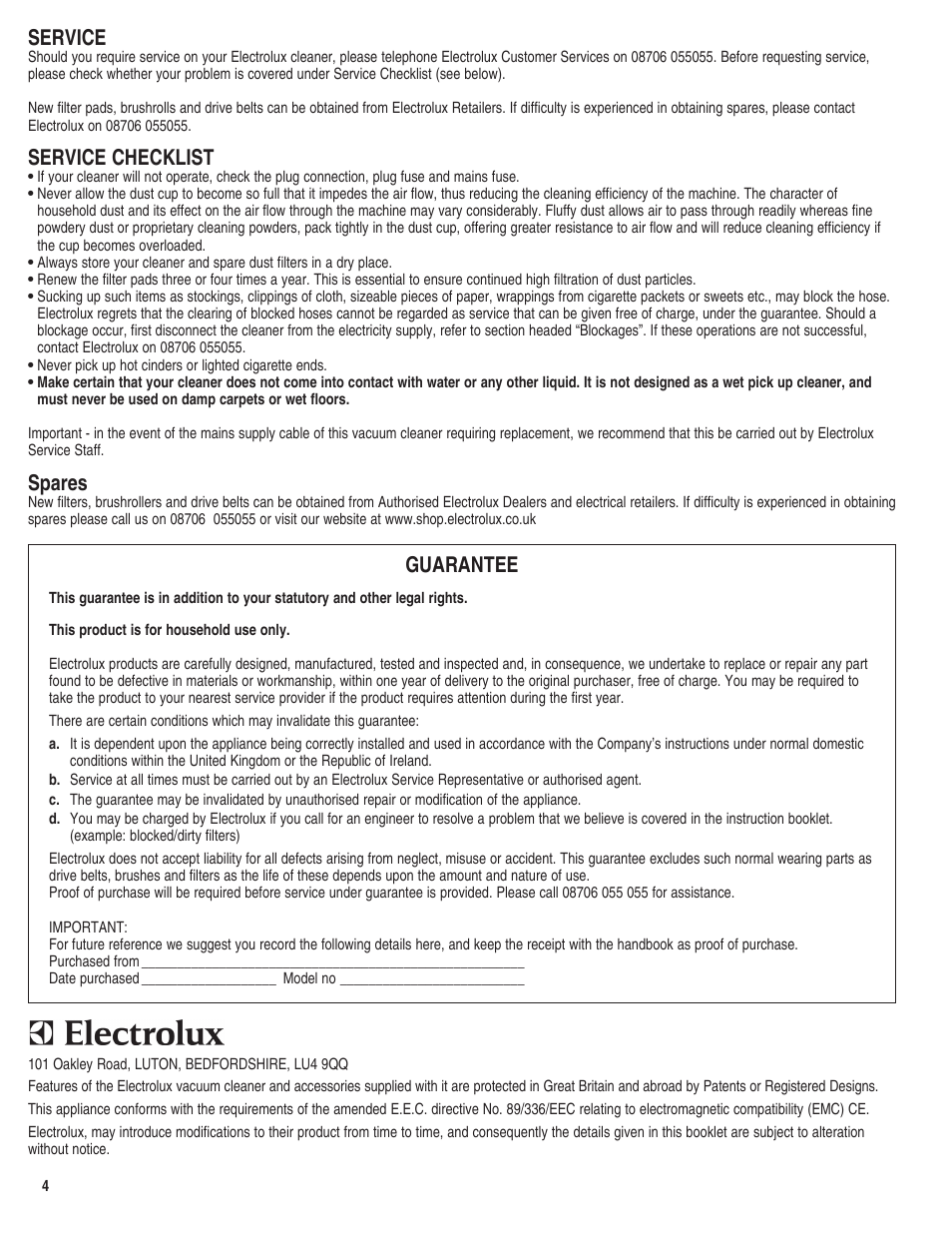 Service, Service checklist, Spares | Guarantee | Electrolux Z8800 Series User Manual | Page 4 / 16