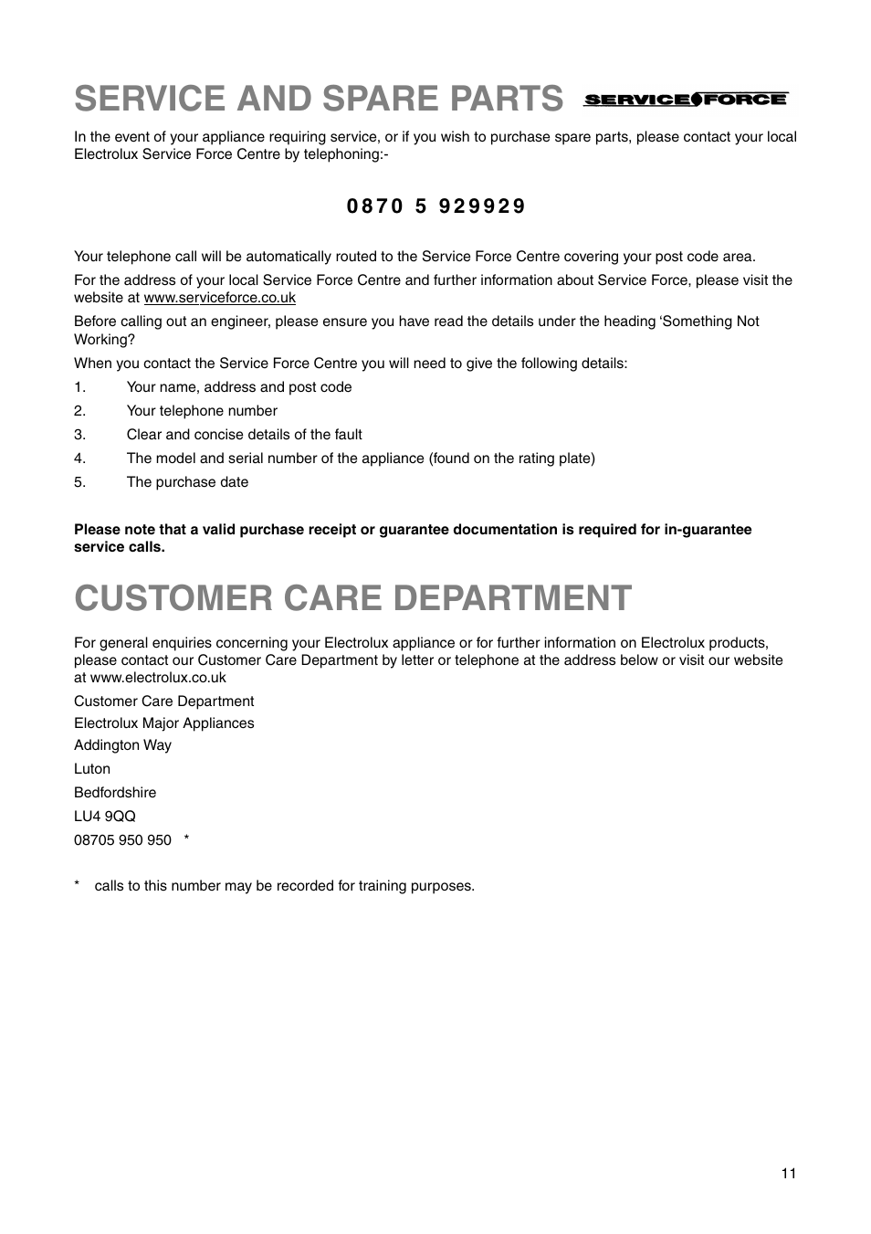 Customer care department, Service and spare parts | Electrolux 2223 430-73 User Manual | Page 11 / 20