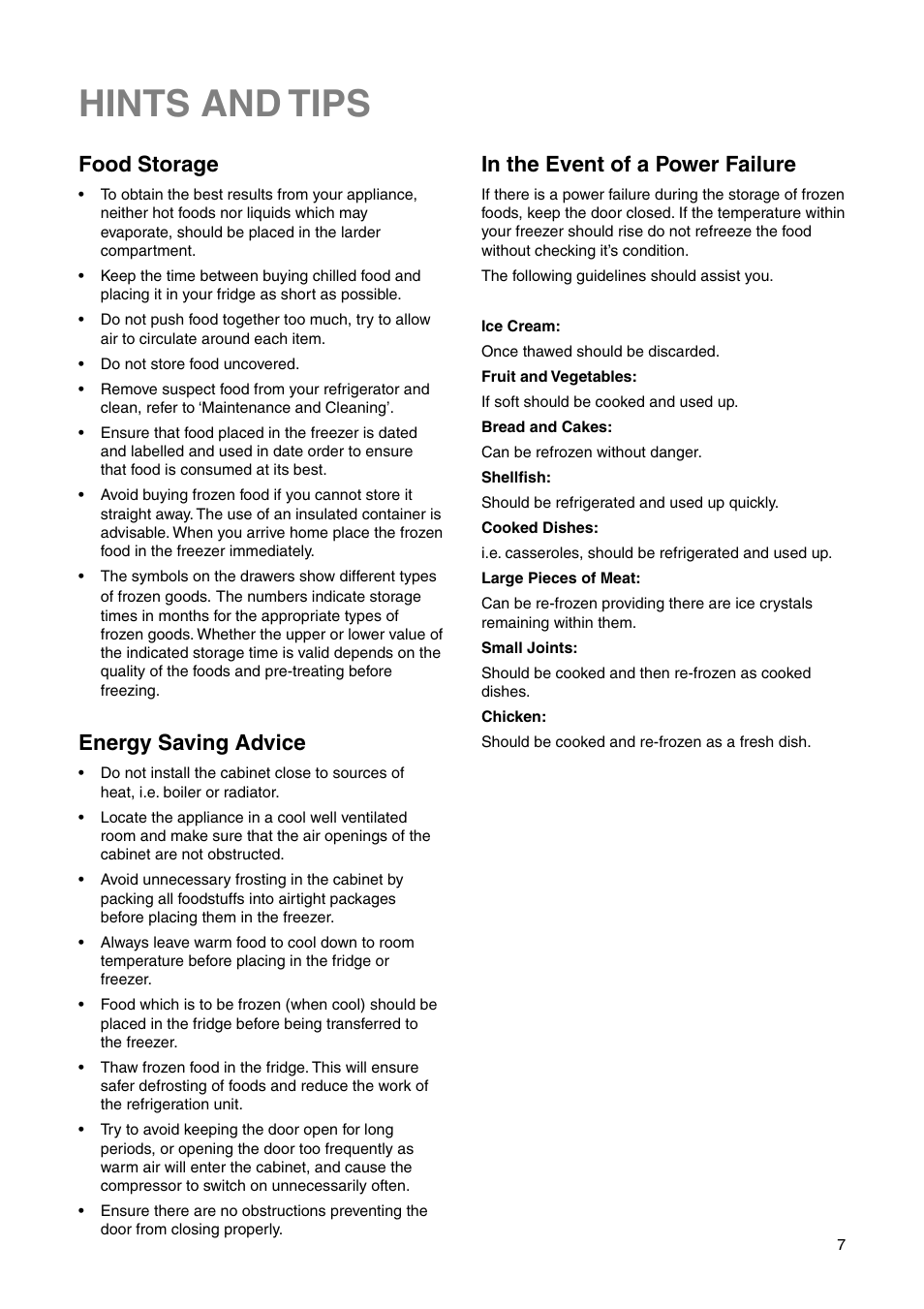 Hints and tips, Food storage, Energy saving advice | Electrolux 2223 430-73 User Manual | Page 7 / 20