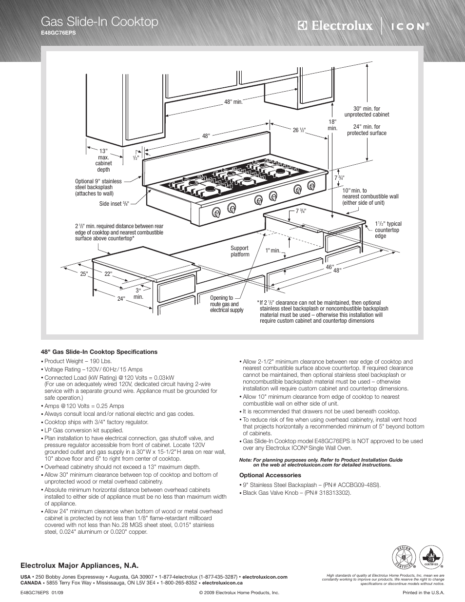 Gas slide-in cooktop, Electrolux major appliances, n.a | Electrolux E48GC76EPS User Manual | Page 2 / 2