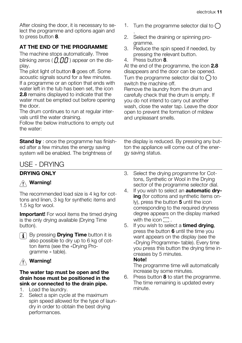 Use - drying | Electrolux EN EWW 168543 W User Manual | Page 11 / 32