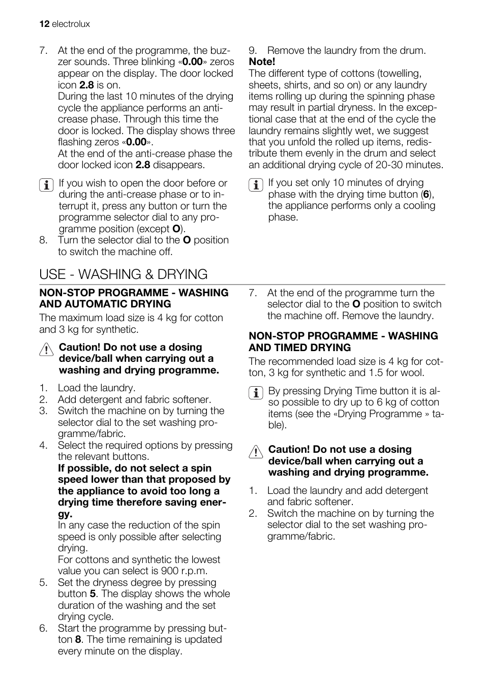 Use - washing & drying | Electrolux EN EWW 168543 W User Manual | Page 12 / 32
