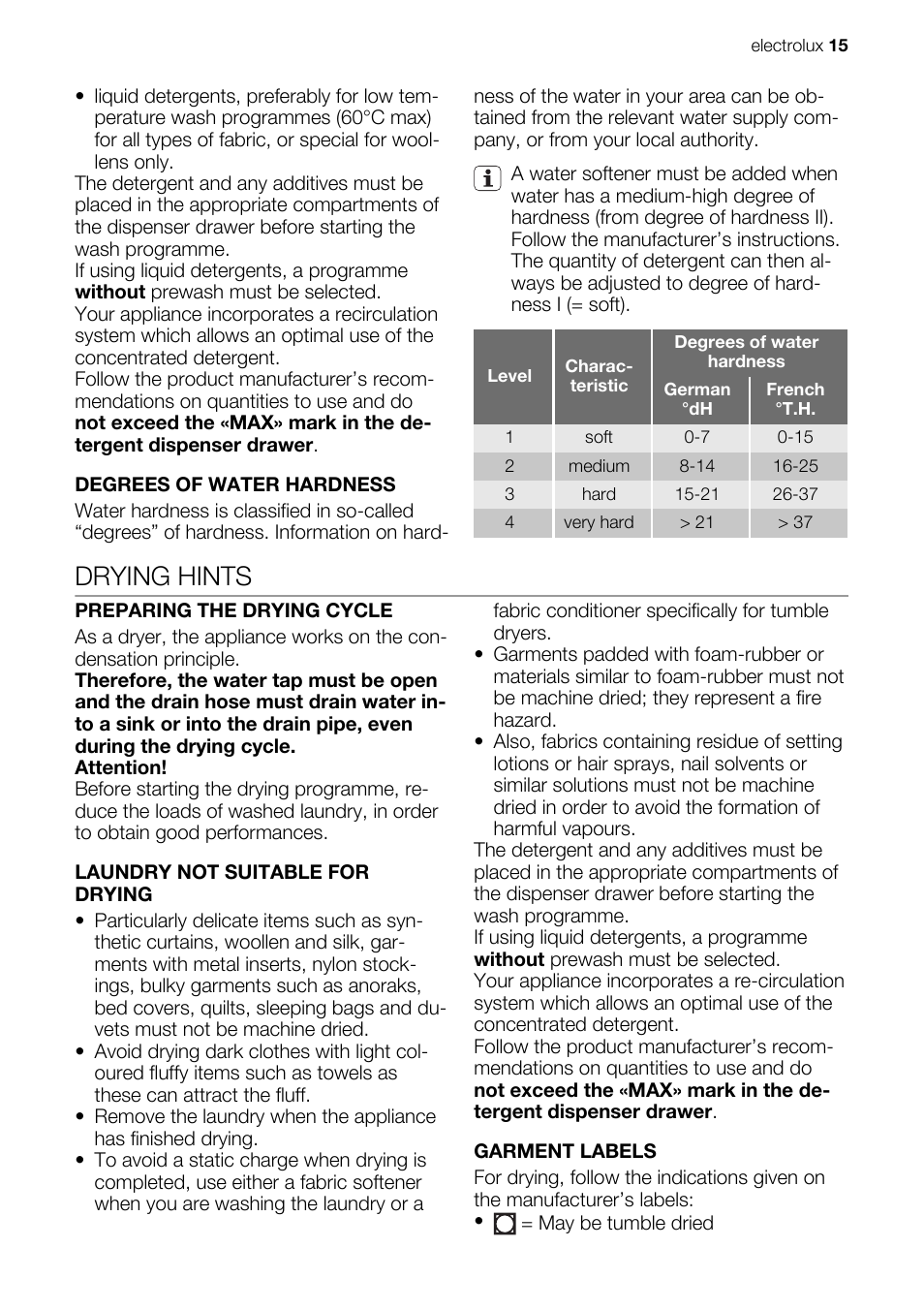 Drying hints | Electrolux EN EWW 168543 W User Manual | Page 15 / 32