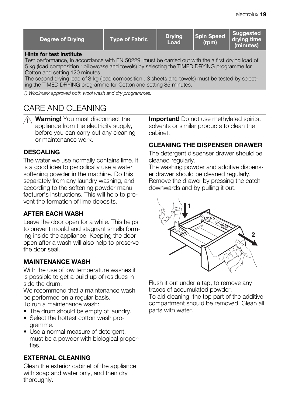 Care and cleaning | Electrolux EN EWW 168543 W User Manual | Page 19 / 32