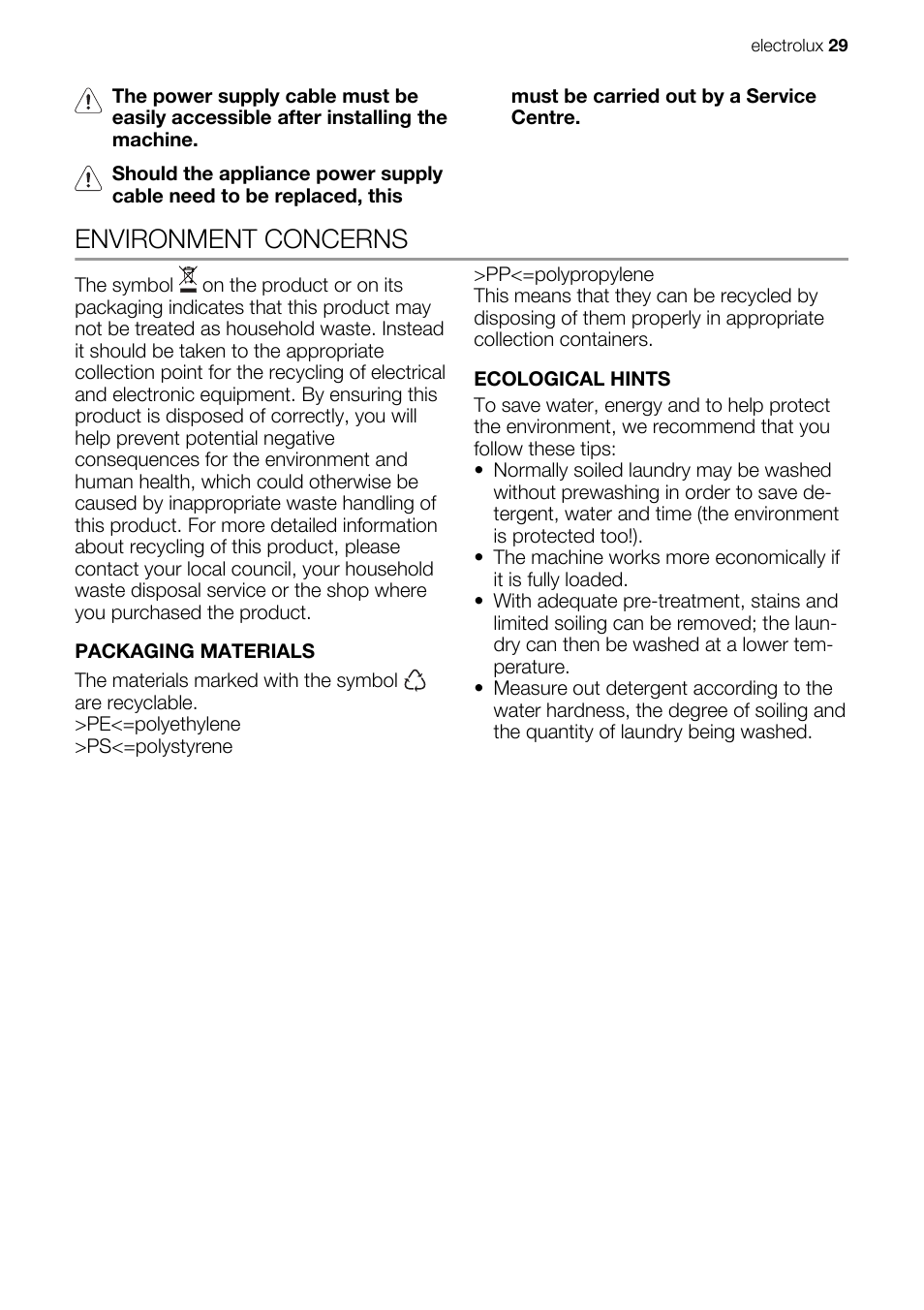 Environment concerns | Electrolux EN EWW 168543 W User Manual | Page 29 / 32