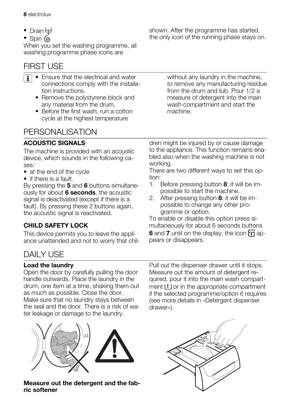 First use, Personalisation, Daily use | Electrolux EN EWW 168543 W User Manual | Page 8 / 32