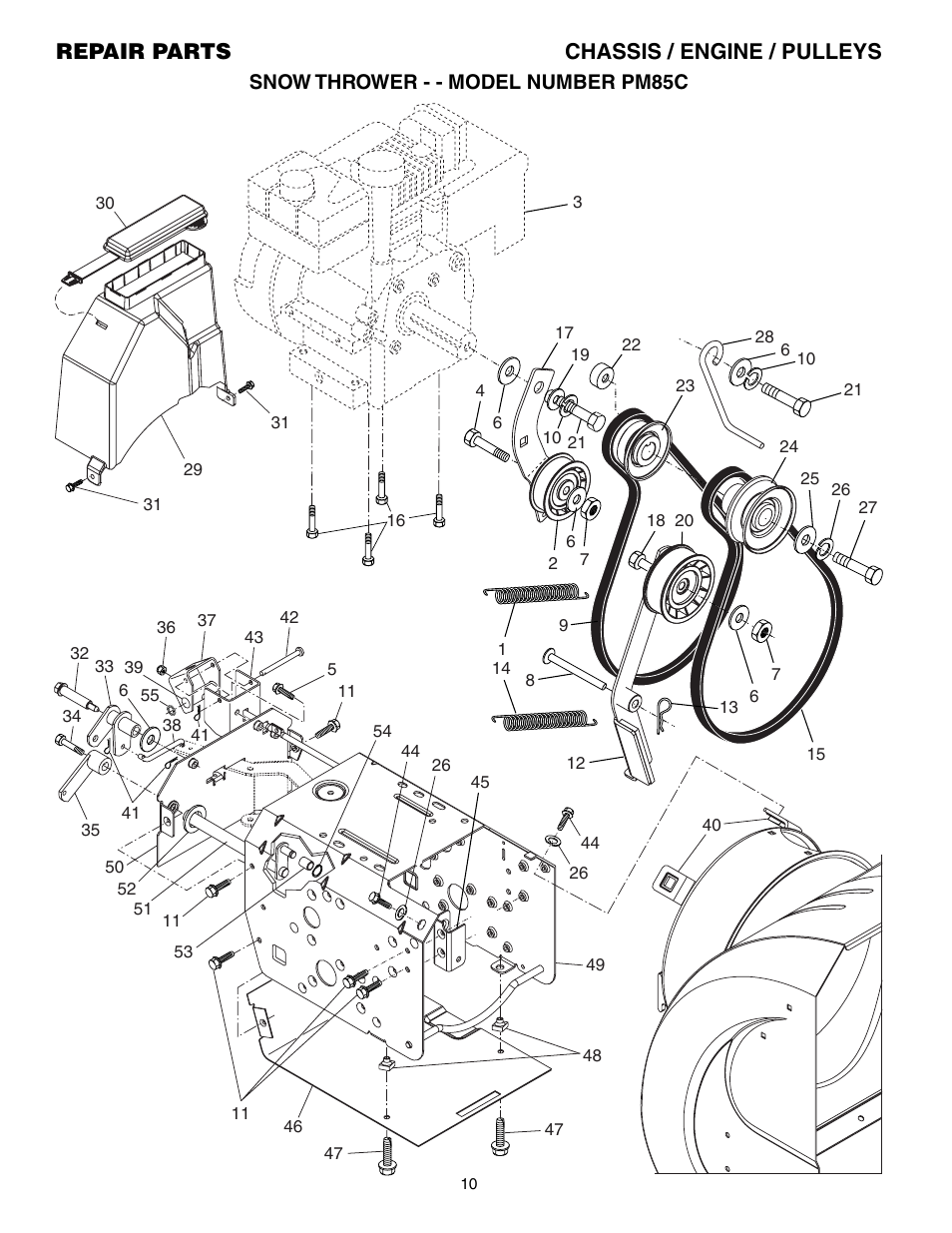 Repair parts chassis / engine / pulleys | Electrolux PM85C User Manual | Page 10 / 16