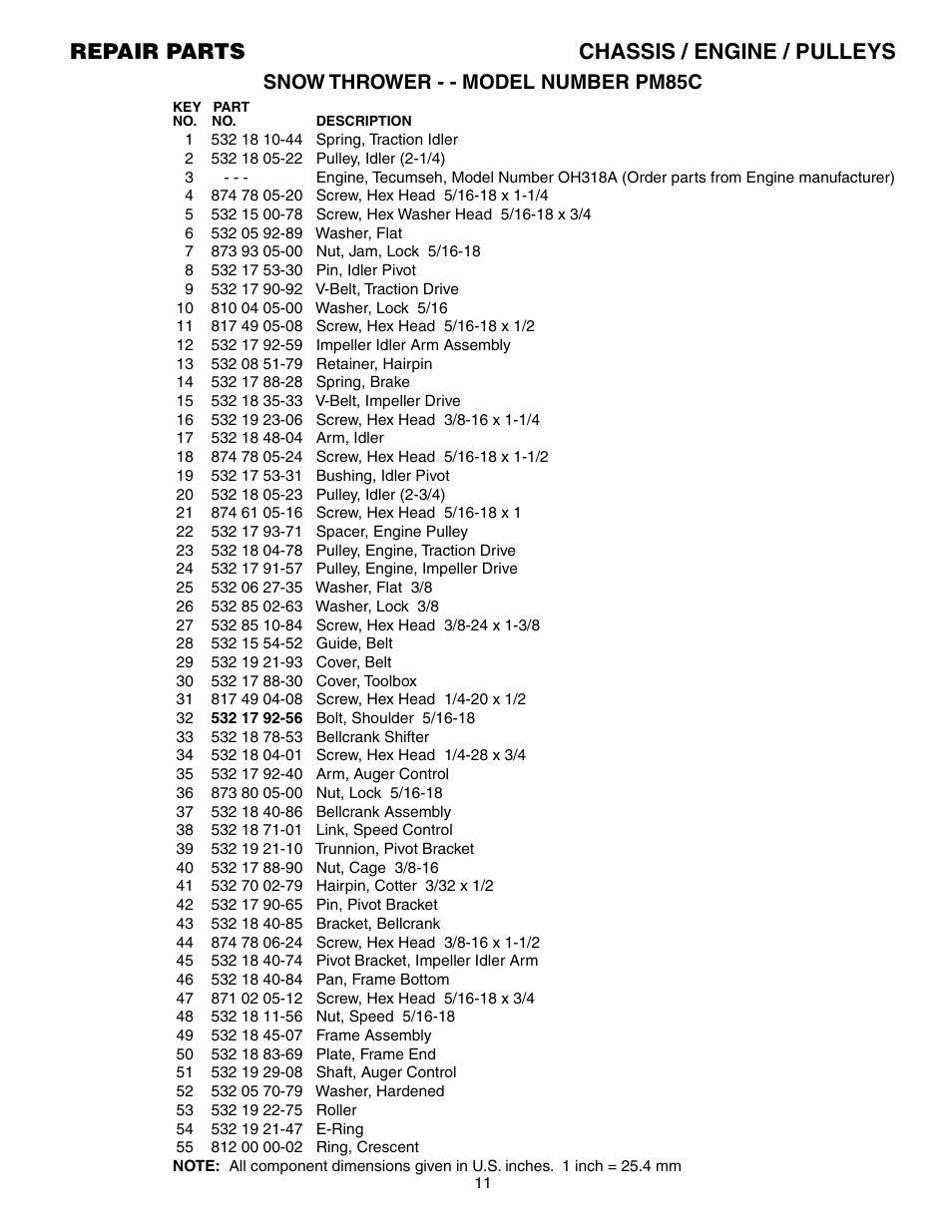 Repair parts chassis / engine / pulleys, Snow thrower - - model number pm85c | Electrolux PM85C User Manual | Page 11 / 16
