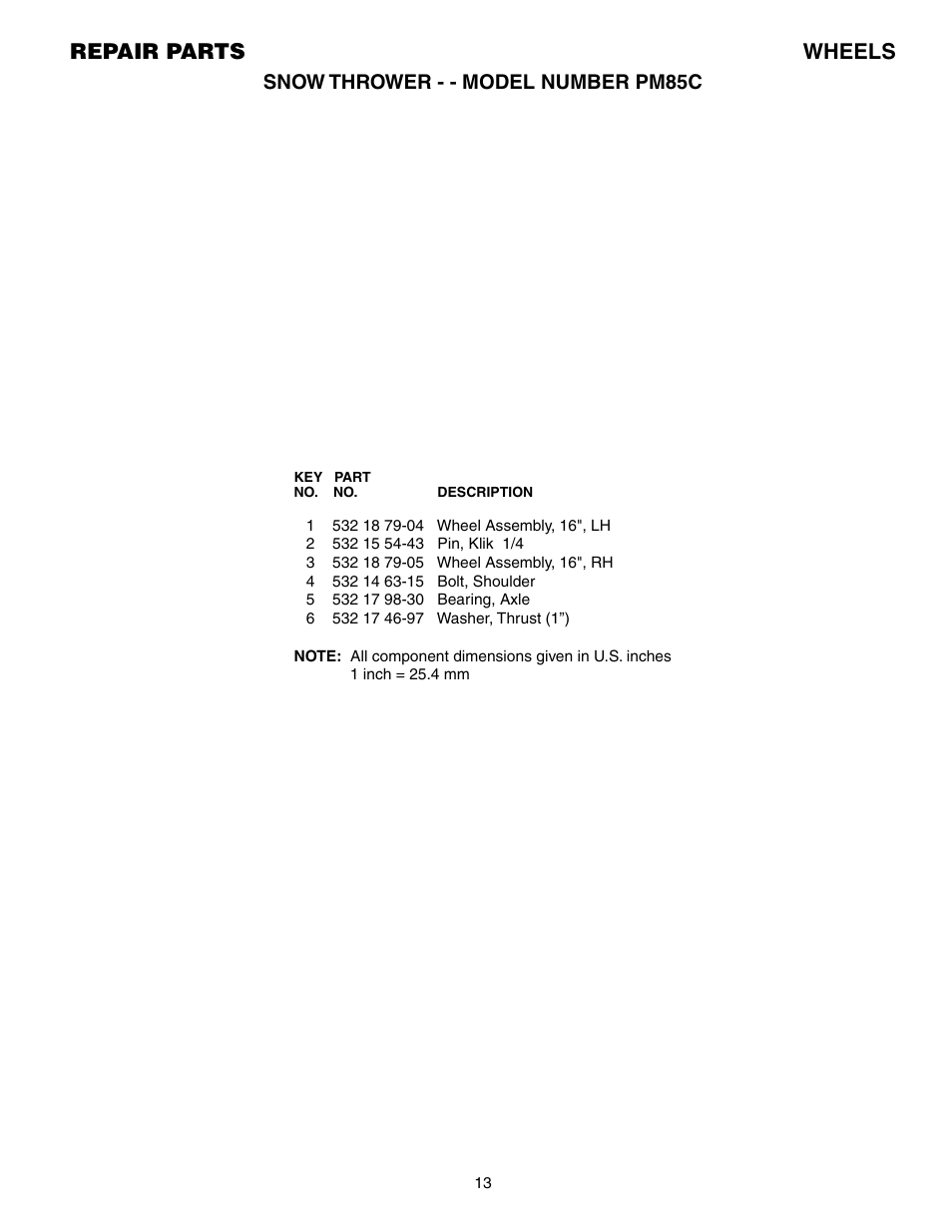 Repair parts wheels | Electrolux PM85C User Manual | Page 13 / 16