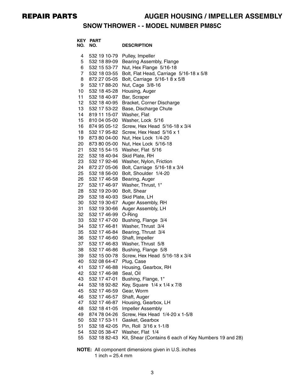 Repair parts auger housing / impeller assembly, Snow thrower - - model number pm85c | Electrolux PM85C User Manual | Page 3 / 16