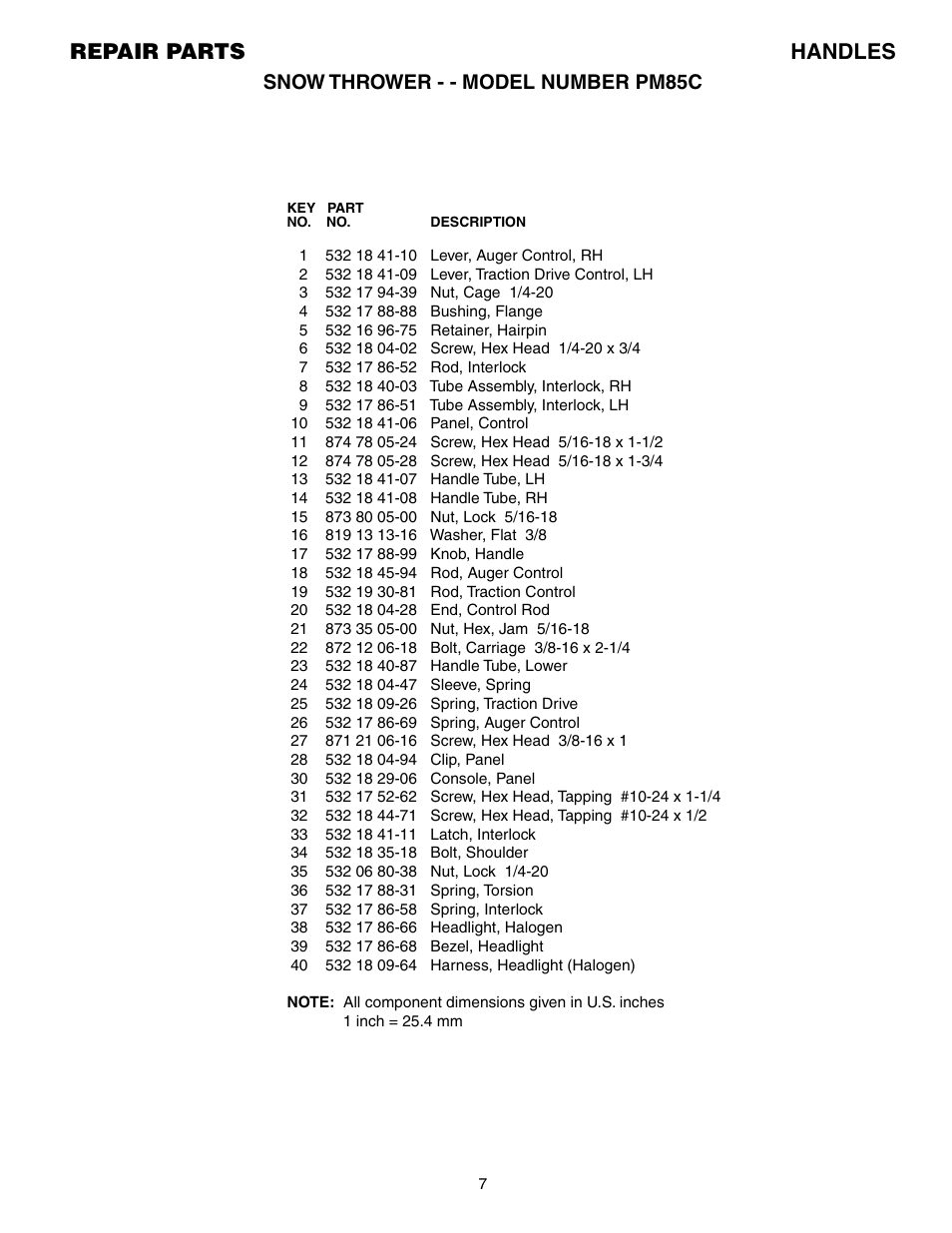 Repair parts handles, Snow thrower - - model number pm85c | Electrolux PM85C User Manual | Page 7 / 16