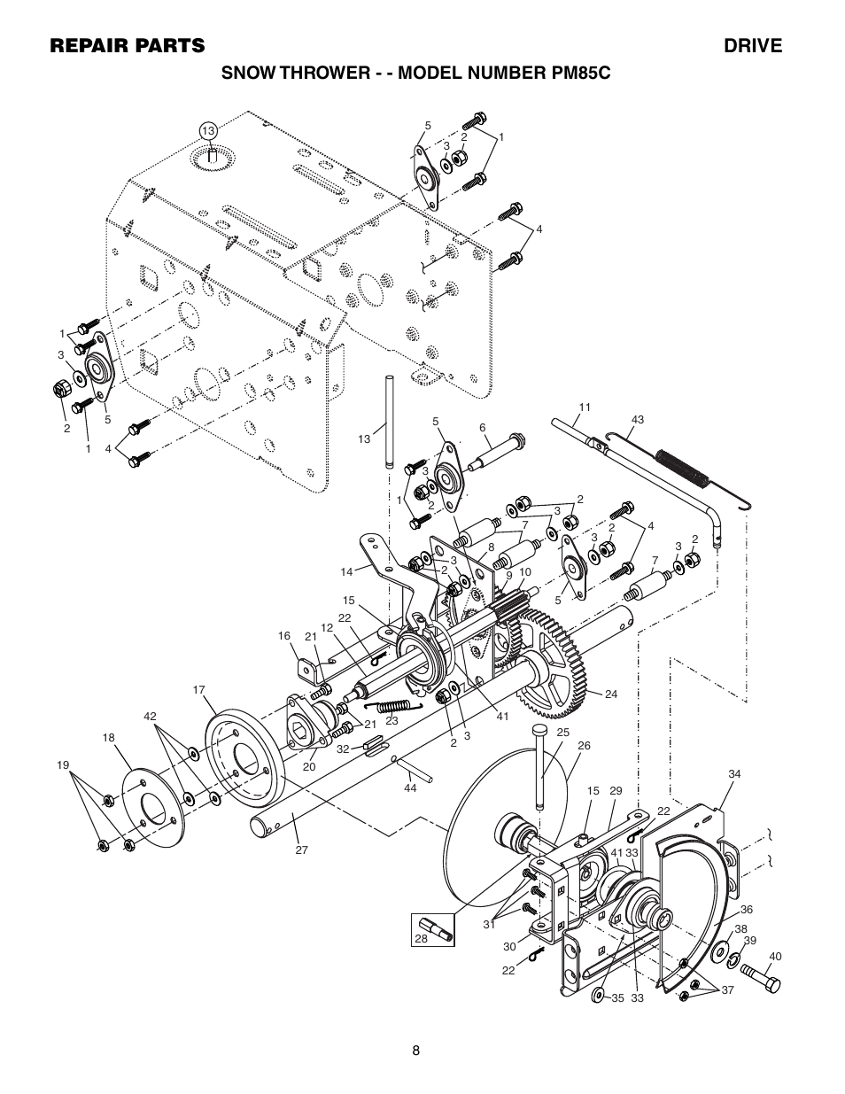 Repair parts drive, Snow thrower - - model number pm85c | Electrolux PM85C User Manual | Page 8 / 16