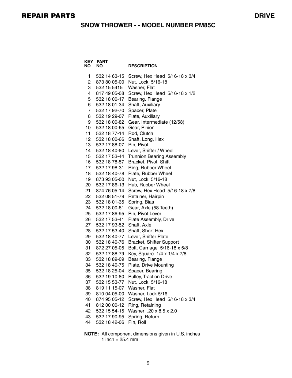 Repair parts drive, Snow thrower - - model number pm85c | Electrolux PM85C User Manual | Page 9 / 16
