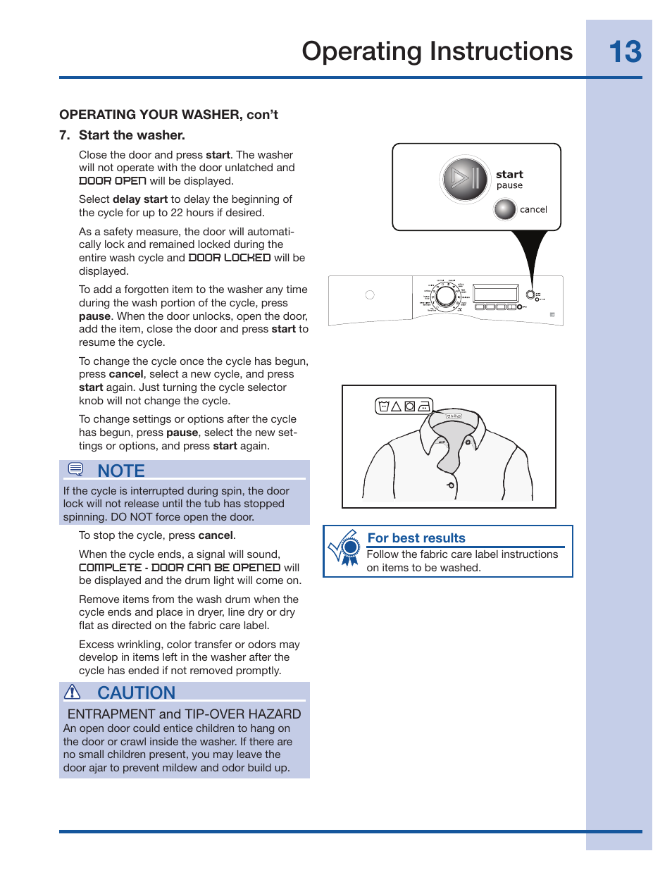 Operating instructions, Caution | Electrolux Wave-Touch 137023200 A User Manual | Page 13 / 44