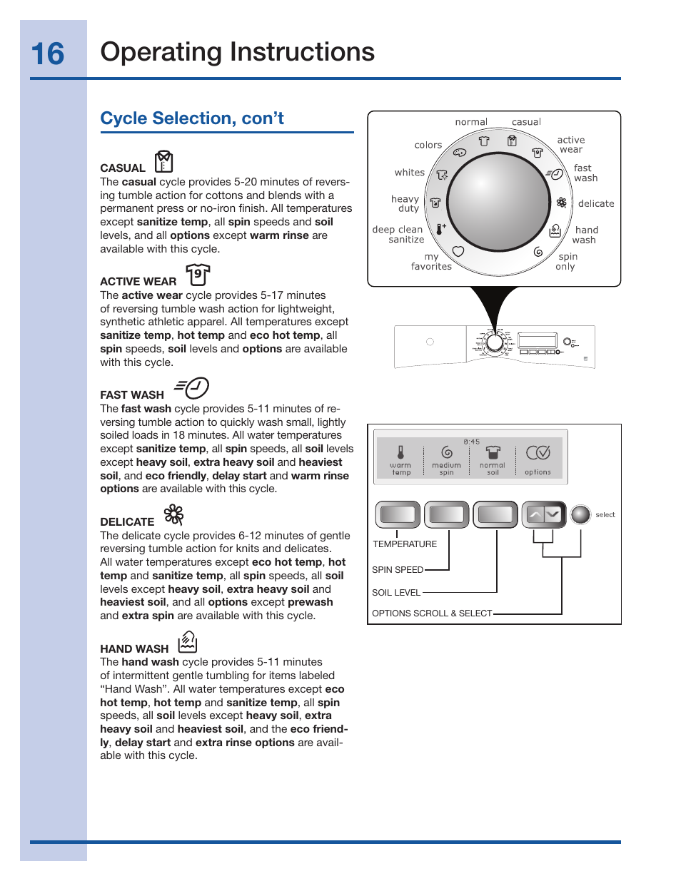 Operating instructions, Cycle selection, con’t | Electrolux Wave-Touch 137023200 A User Manual | Page 16 / 44