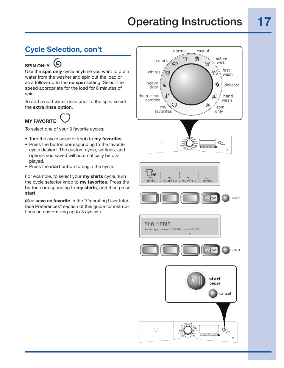 Operating instructions, Cycle selection, con’t | Electrolux Wave-Touch 137023200 A User Manual | Page 17 / 44