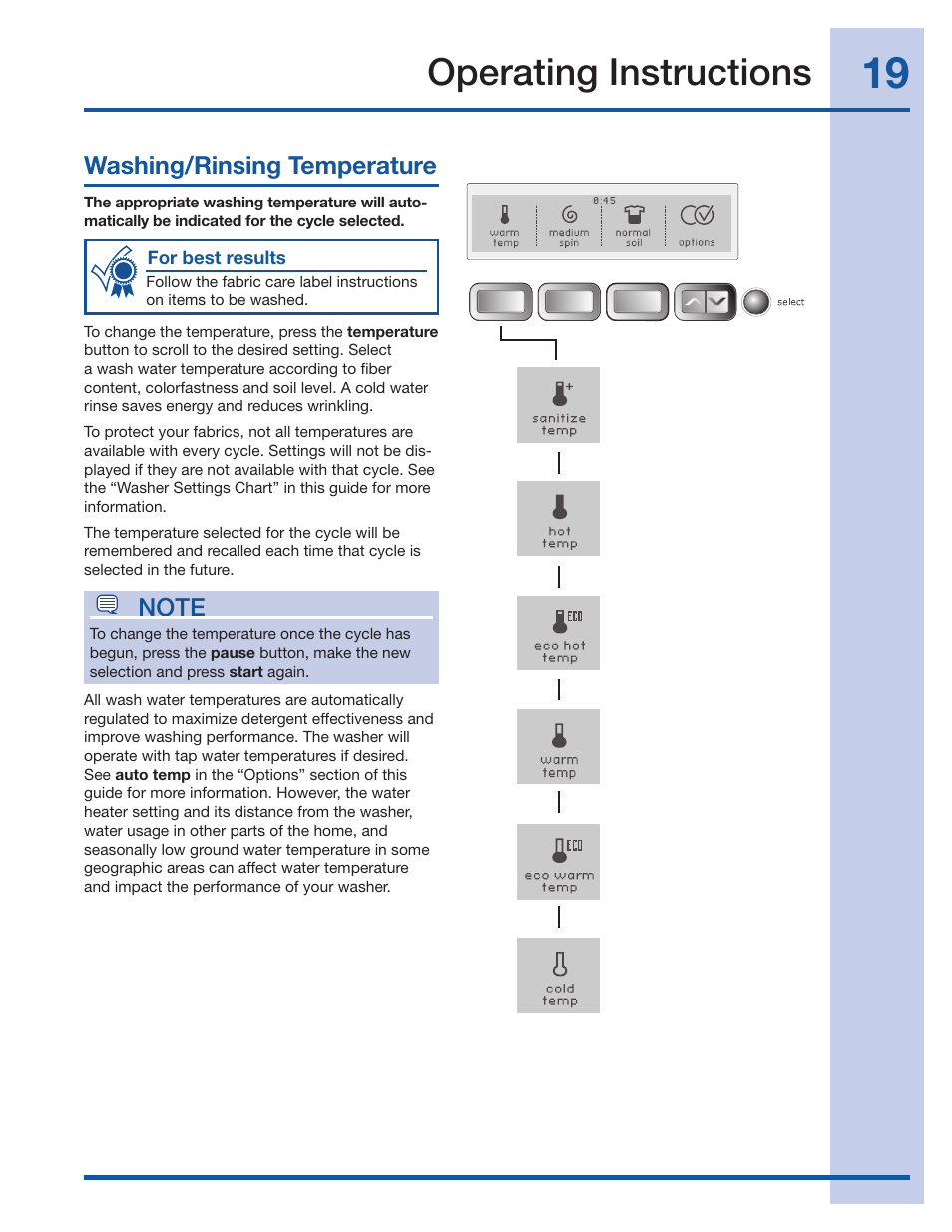 Operating instructions, Washing/rinsing temperature | Electrolux Wave-Touch 137023200 A User Manual | Page 19 / 44