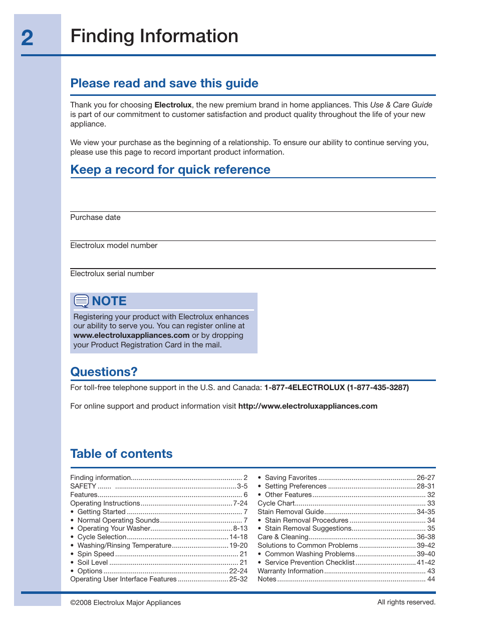 Electrolux Wave-Touch 137023200 A User Manual | Page 2 / 44