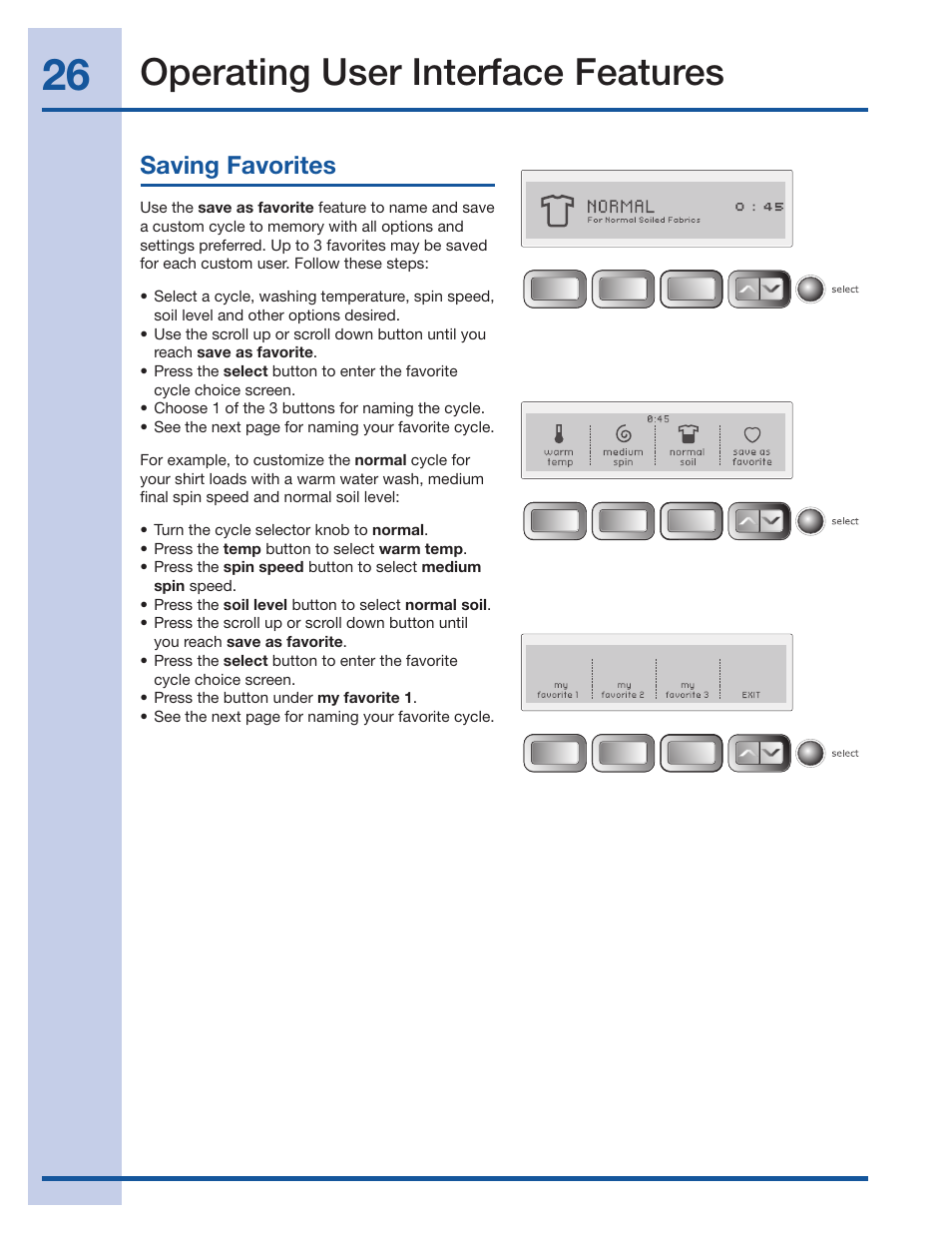 Operating user interface features, Saving favorites | Electrolux Wave-Touch 137023200 A User Manual | Page 26 / 44