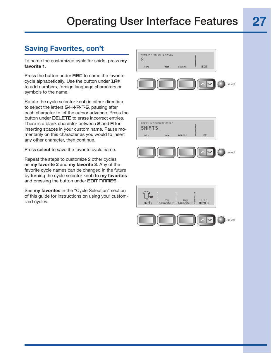 Operating user interface features, Saving favorites, con’t | Electrolux Wave-Touch 137023200 A User Manual | Page 27 / 44