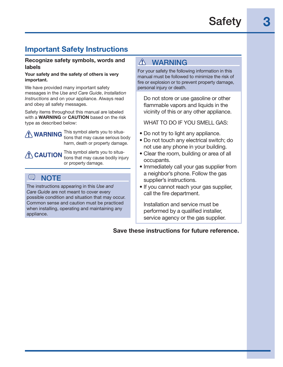Safety, Warning | Electrolux Wave-Touch 137023200 A User Manual | Page 3 / 44