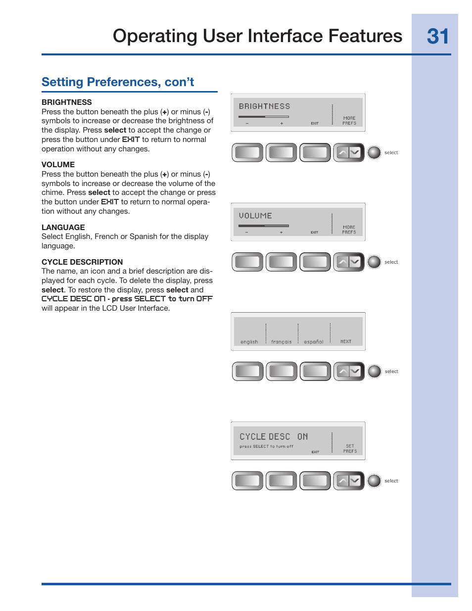 Operating user interface features, Setting preferences, con’t | Electrolux Wave-Touch 137023200 A User Manual | Page 31 / 44