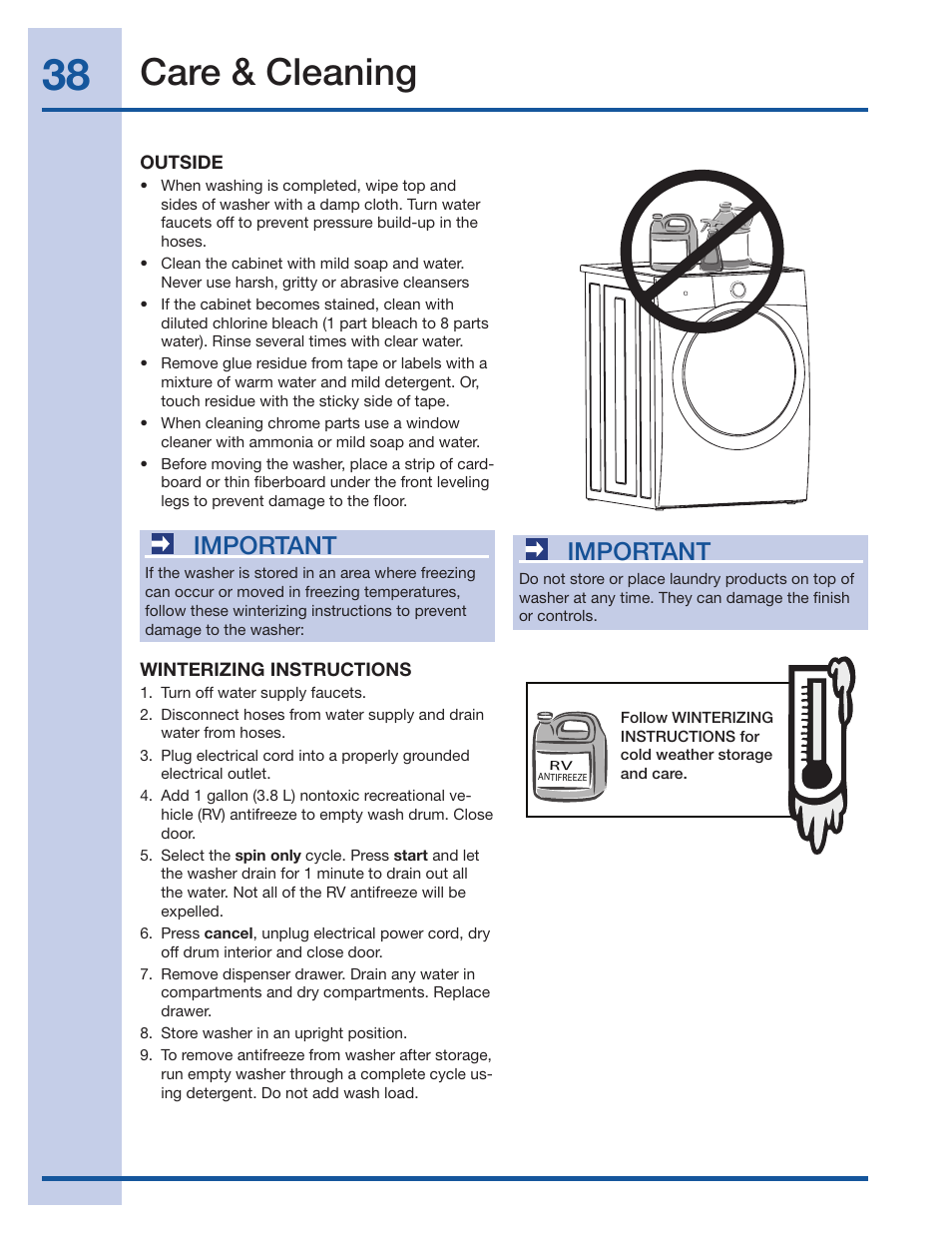 Care & cleaning, Important | Electrolux Wave-Touch 137023200 A User Manual | Page 38 / 44