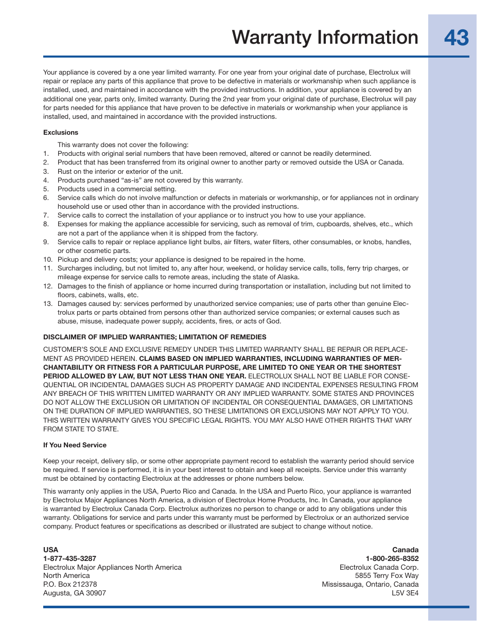 Warranty information | Electrolux Wave-Touch 137023200 A User Manual | Page 43 / 44