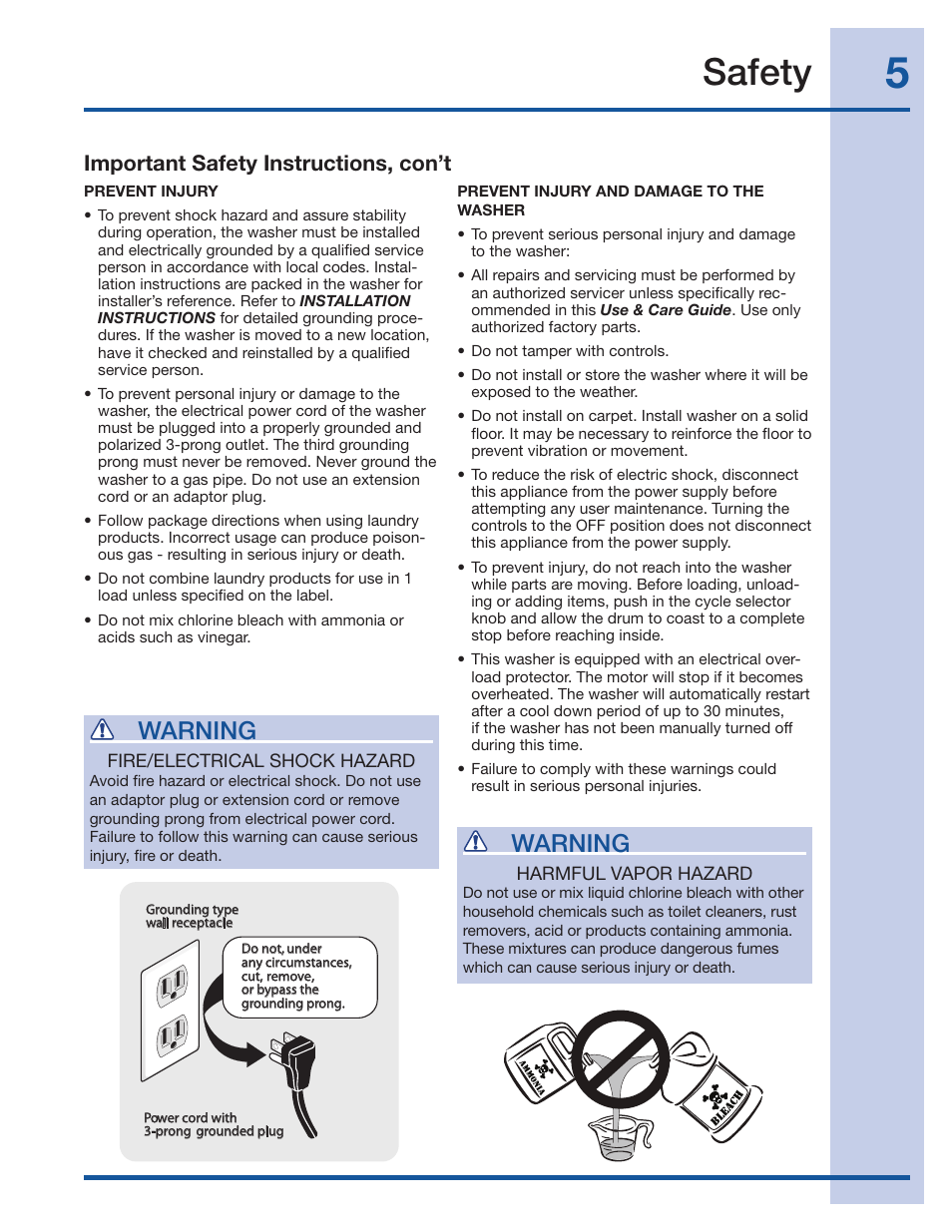 Safety, Warning, Important safety instructions, con’t | Electrolux Wave-Touch 137023200 A User Manual | Page 5 / 44